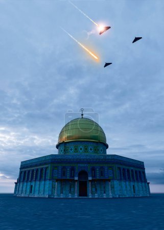 Foto de Jerusalén, Israel: vista de la Cúpula de la Roca y la cúpula de hierro que es un sistema móvil de defensa aérea. El HESA Shahed 136. Drones volando por la noche. Drone kamikaze iraní, representación 3d - Imagen libre de derechos