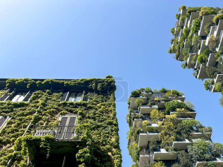 Blick auf die Balkone und Terrassen des Bosco Verticale, voller grüner Pflanzen. Frühlingszeit. 04.11.2024. Mailand, Porta Nuova Hochhaus-Residenzen, Italien