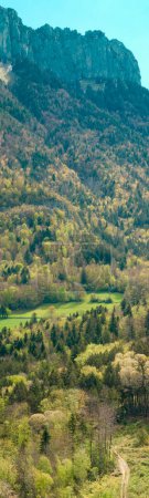 Luftaufnahme von Bergen und grünen Landschaften rund um das Schloss von Menthon-Saint-Bernard, Wege umgeben von viel Grün und schneebedeckten Gipfeln. im Departement Haute-Savoie in Frankreich.