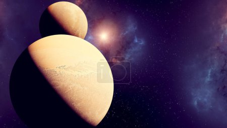 Photo for Sci-fi landscape. Exoplanet seen from one of its moons. Satellites of an extraterrestrial planet. 3d rendering - Royalty Free Image