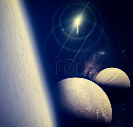 Photo for Sci-fi landscape. Exoplanet seen from one of its moons. Satellites of an extraterrestrial planet. Clouds and atmosphere of a moon near a planet. 3d rendering - Royalty Free Image