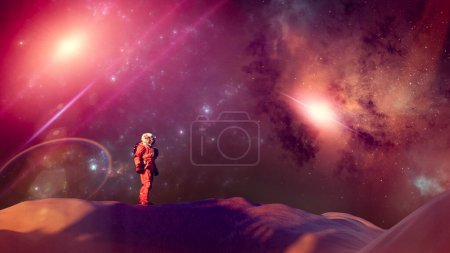 Astronaut auf einem unerforschten Planeten, der neue Welten erobert, Exoplaneten. 3D-Darstellung von außerirdischem Terrain eines anderen Planeten. Weltraumforschung und Entdeckungen.