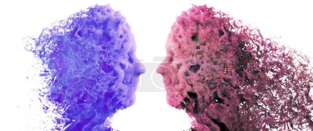 Gesicht von der Seite gesehen. Gehirnprobleme. Degenerative Erkrankungen. Bipolare Störung, Konzept, doppelte Persönlichkeit. Gedanken und Stimmen. Erinnerungen verblassten. Unterschiede zwischen Männern und Frauen. 3D-Darstellung