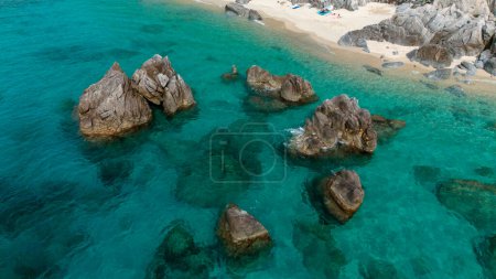 Aerial view of Michelino beach in Parghelia, Tropea. Calabria. Italy. Transparent sea and luxuriant nature. The most beautiful beach in Europe