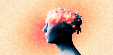 Face seen from the side. Woman, degenerative disease. Brain degenerative diseases, Parkinson, synapses, neurons, Alzheimer's, illness, concept. 3d rendering