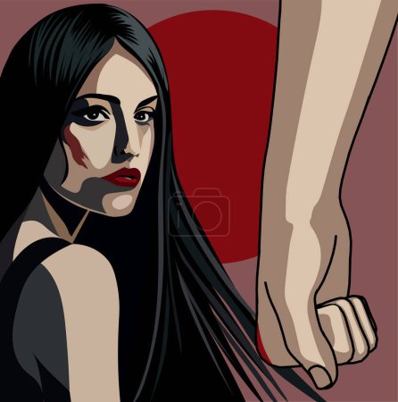Illustration for Mistreatment and beatings, sexual violence, assaults on women. Violence against women. Danger and fear. Defenseless and unprotected. Social issues. Close up of a girl and a fist. Domestic violence - Royalty Free Image