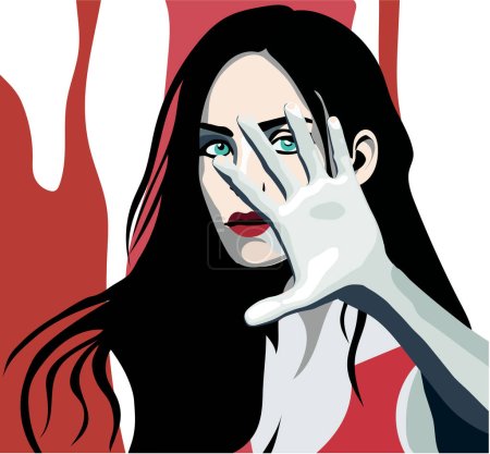 Illustration for Mistreatment and beatings, sexual violence, assaults on women. Violence against women. Danger and fear. Defenseless and unprotected. Social issues. Close up of a girl on a red background. Domestic violence - Royalty Free Image