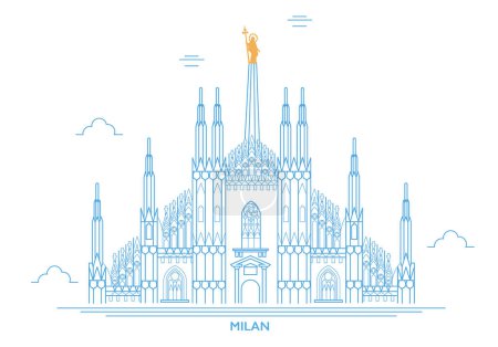Illustration for A freehand design of the Duomo of Milan, view of the Milan Cathedral. Overview of the facade of the cathedral in white marble. Buttresses, pinnacles and spiers. Statue of the Madonnina. Lombardia. Italy - Royalty Free Image