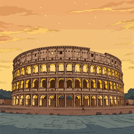 Coliseo. Coliseo ilustración cómica dibujada a mano. Vector doodle estilo ilustración de dibujos animados