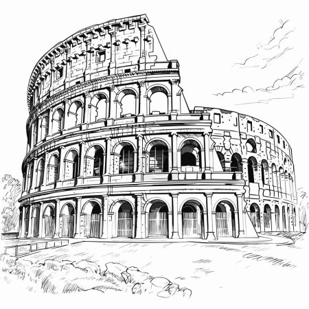 Coliseo. Coliseo ilustración cómica dibujada a mano. Vector doodle estilo ilustración de dibujos animados