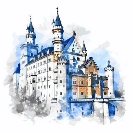 Neuschwanstein. Neuschwanstein castillo dibujado a mano ilustración cómica. Vector doodle estilo ilustración de dibujos animados