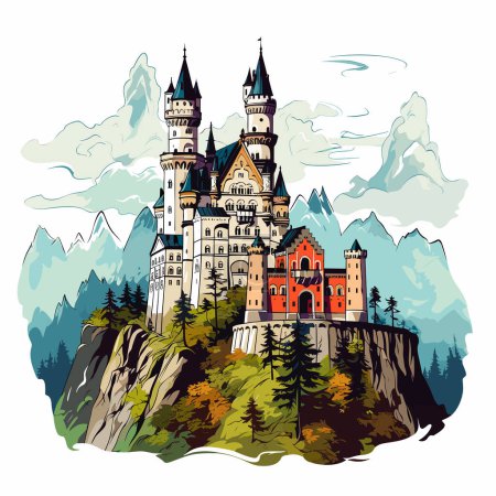 Ilustración de Neuschwanstein. Neuschwanstein castillo dibujado a mano ilustración cómica. Vector doodle estilo ilustración de dibujos animados - Imagen libre de derechos