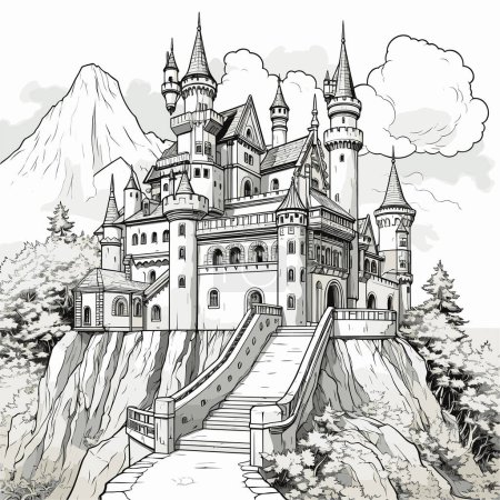 Ilustración de Neuschwanstein. Neuschwanstein castillo dibujado a mano ilustración cómica. Vector doodle estilo ilustración de dibujos animados - Imagen libre de derechos