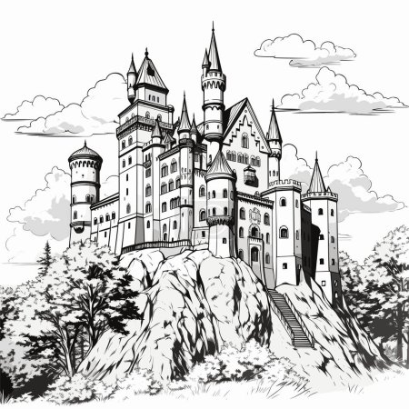 Neuschwanstein. Neuschwanstein castillo dibujado a mano ilustración cómica. Vector doodle estilo ilustración de dibujos animados