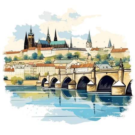 Castillo de Praga. Castillo de Praga ilustración cómica dibujada a mano. Vector doodle estilo ilustración de dibujos animados