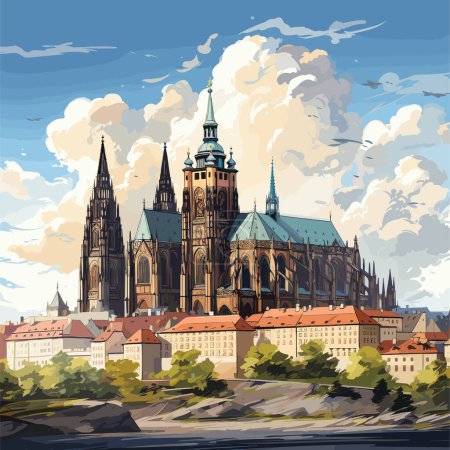 Illustration for Prague castle. Prague castle hand-drawn comic illustration. Vector doodle style cartoon illustration - Royalty Free Image