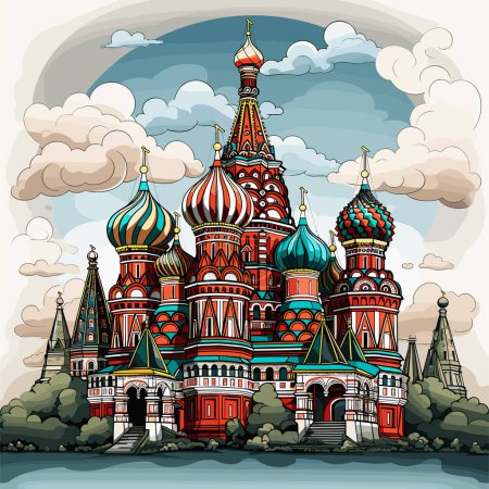 Cathedral of Vasily the Blessed. Saint Basil's Cathedral hand-drawn comic illustration. Vector doodle style cartoon illustration