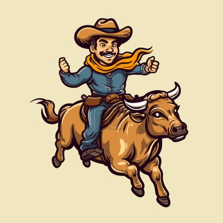 Illustration for Rodeo. Cowboy riding a bull. Cowboy riding a bull hand-drawn comic illustration. Vector doodle style cartoon illustration - Royalty Free Image