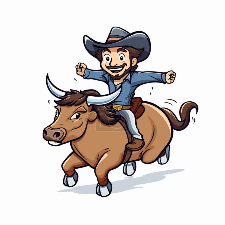 Ilustración de Rodeo. Vaquero montando un toro. Vaquero montando un toro dibujado a mano ilustración cómica. Vector doodle estilo ilustración de dibujos animados - Imagen libre de derechos