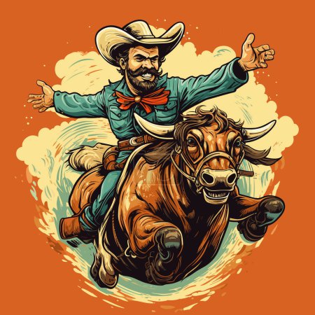 Illustration for Rodeo. Cowboy riding a bull. Cowboy riding a bull hand-drawn comic illustration. Vector doodle style cartoon illustration - Royalty Free Image