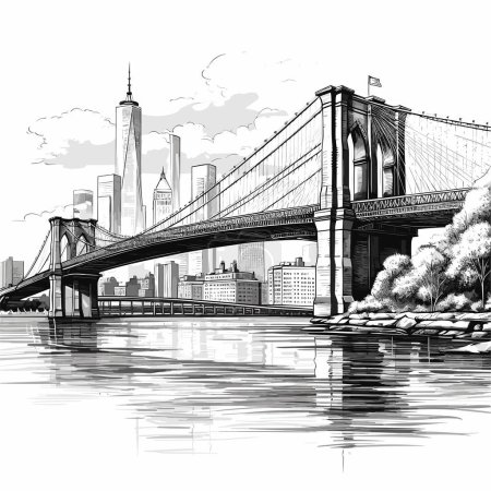 Brooklyn Bridge dibujado a mano ilustración cómica. Puente de Brooklyn. Vector doodle estilo ilustración de dibujos animados
