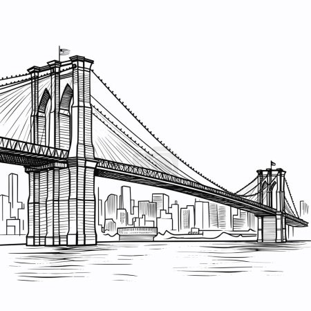 Ilustración de Brooklyn Bridge dibujado a mano ilustración cómica. Puente de Brooklyn. Vector doodle estilo ilustración de dibujos animados - Imagen libre de derechos