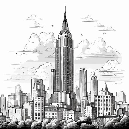 Téléchargez les illustrations : Illustration dessinée à la main de l'Empire State Building. Empire State Building. Illustration vectorielle de dessin animé de style doodle - en licence libre de droit