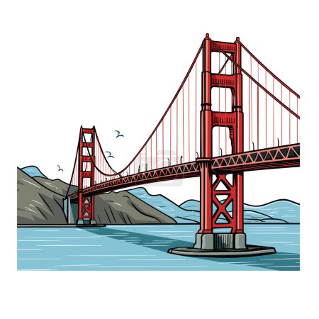Téléchargez les illustrations : Golden Gate Bridge illustration comique dessinée à la main. Golden Gate Bridge. Illustration vectorielle de dessin animé de style doodle - en licence libre de droit