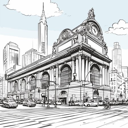 Grand Central Terminal ilustración cómica dibujada a mano. Terminal Grand Central. Vector doodle estilo ilustración de dibujos animados