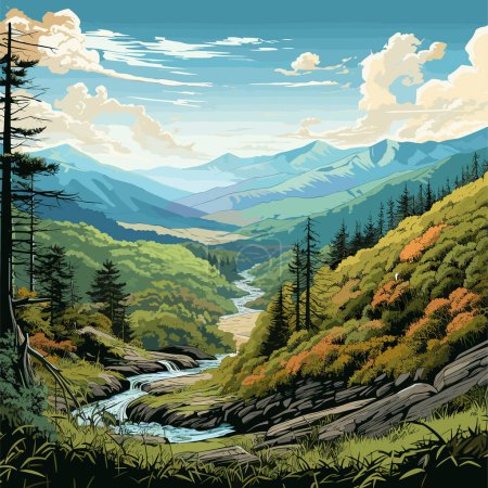 Great Smoky Mountains handgezeichnete Comic-Illustration. Große Smoky Mountains. Zeichentrickfilm im Vector-Doodle-Stil