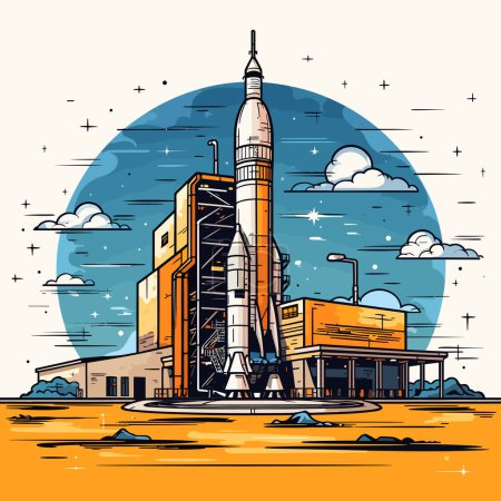 Handgezeichnete Comic-Illustration des Kennedy Space Center. Kennedy Space Center. Zeichentrickfilm im Vector-Doodle-Stil