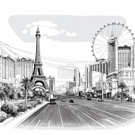 Téléchargez les illustrations : Illustration dessinée à la main à Las Vegas. Las Vegas. Illustration vectorielle de dessin animé de style doodle - en licence libre de droit