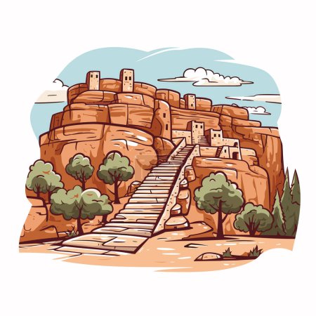 Téléchargez les illustrations : Illustration dessinée à la main Mesa Verde. Mesa Verde. Illustration vectorielle de dessin animé de style doodle - en licence libre de droit