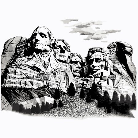 Téléchargez les illustrations : Illustration dessinée à la main par Mount Rushmore. Mont Rushmore. Illustration vectorielle de dessin animé de style doodle - en licence libre de droit