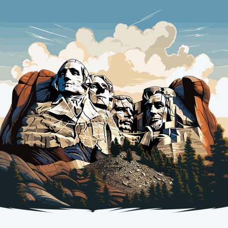 Téléchargez les illustrations : Illustration dessinée à la main par Mount Rushmore. Mont Rushmore. Illustration vectorielle de dessin animé de style doodle - en licence libre de droit