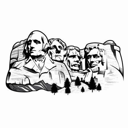 Illustration dessinée à la main par Mount Rushmore. Mont Rushmore. Illustration vectorielle de dessin animé de style doodle