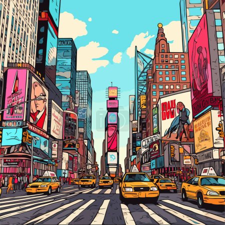 Handgezeichnete Comic-Illustration vom Times Square. Times Square. Zeichentrickfilm im Vector-Doodle-Stil
