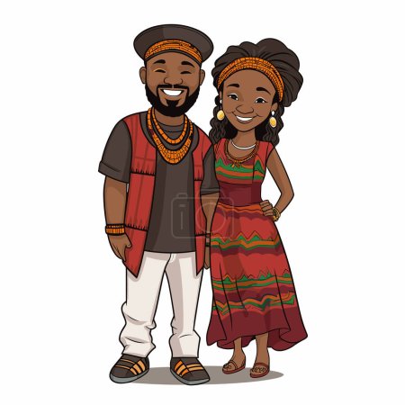 Téléchargez les illustrations : Illustration dessinée à la main par un couple africain. Illustration vectorielle de dessin animé de style doodle. Couple africain - en licence libre de droit