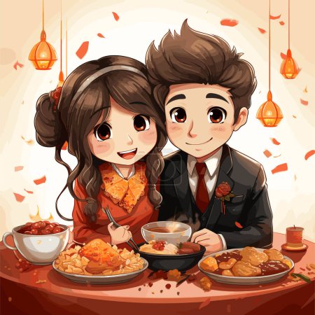 Chinese couple hand-drawn comic illustration. Vector doodle style cartoon illustration. Chinese couple