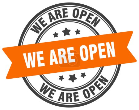 we are open stamp. we are open round sign. label on transparent background