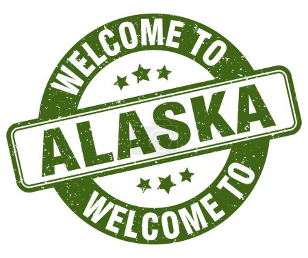 Willkommen auf der Briefmarke Alaska. Alaska rundes Schild isoliert auf weißem Hintergrund