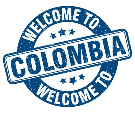 Willkommen auf der Briefmarke Kolumbien. Kolumbien rundes Schild isoliert auf weißem Hintergrund