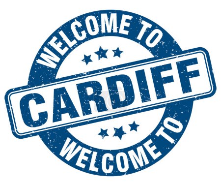 Willkommen auf der Briefmarke von Cardiff. Cardiff rundes Schild isoliert auf weißem Hintergrund