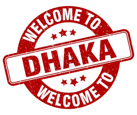 Willkommen bei der Briefmarke Dhaka. Dhaka rundes Schild isoliert auf weißem Hintergrund
