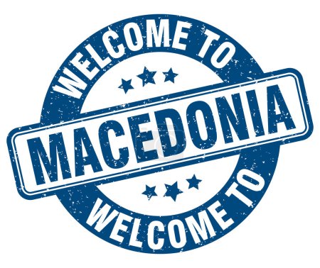 Téléchargez les illustrations : Bienvenue au timbre de Macédoine. Macédoine panneau rond isolé sur fond blanc - en licence libre de droit