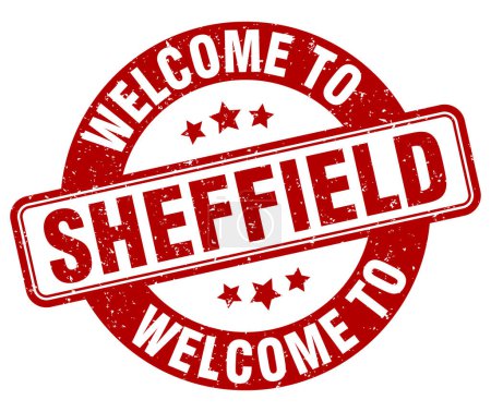 Bienvenido al sello Sheffield. Signo redondo de Sheffield aislado sobre fondo blanco