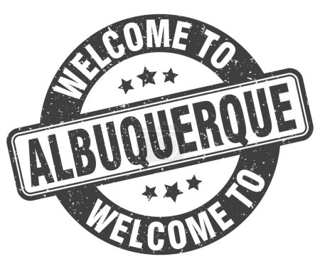 Willkommen auf der Briefmarke Albuquerque. Albuquerque rundes Schild isoliert auf weißem Hintergrund