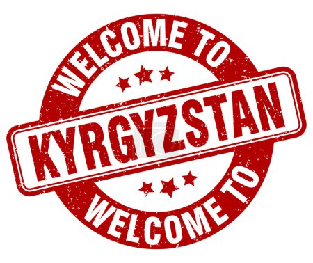 Téléchargez les illustrations : Bienvenue au Kirghizistan timbre. Kirghizistan panneau rond isolé sur fond blanc - en licence libre de droit