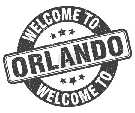 Téléchargez les illustrations : Bienvenue au timbre d'Orlando. Orlando panneau rond isolé sur fond blanc - en licence libre de droit