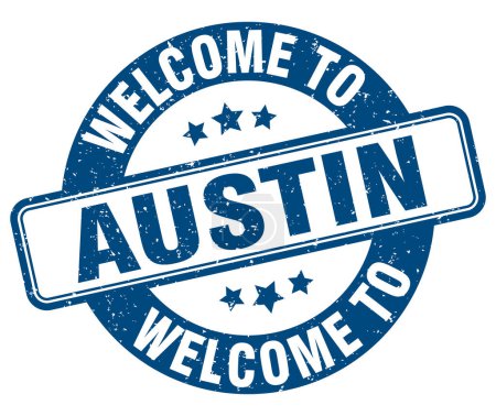 Téléchargez les illustrations : Bienvenue à Austin Timbre. Austin panneau rond isolé sur fond blanc - en licence libre de droit